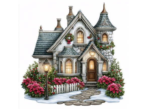 12 JPG Christmas Cottage House Set: Illustrations for Editorial Use