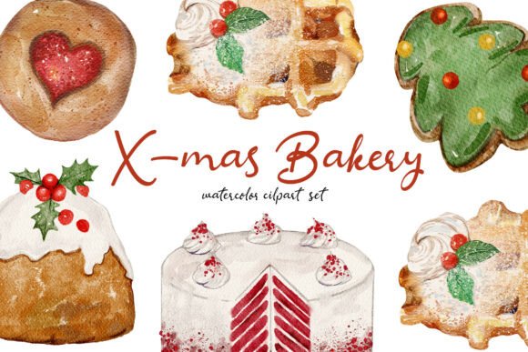 Christmas Bakery Watercolor Clipart Set for Illustrations