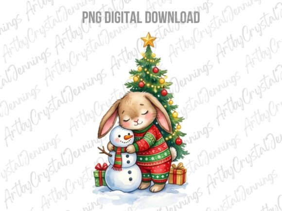 Christmas Bunny Hugging Snowman PNG: Festive Illustrations for Branding