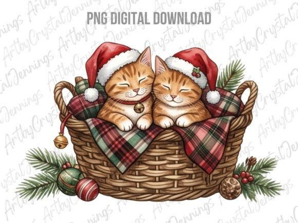 Christmas Holiday Cats in Basket PNG: A Festive Illustration for Local Business Branding