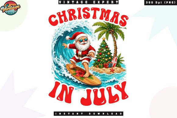 Christmas in July Surfing Santa PNG: A Playful Illustration for Content Creators