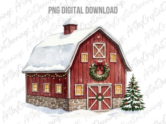 Christmas Watercolor Red Barn PNG Illustrations