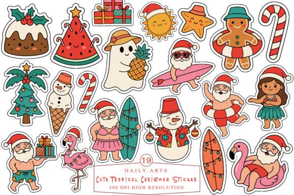 Cute Tropical Christmas Sticker Clipart for Festive Illustrations