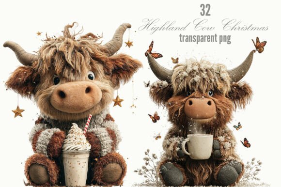Highland Cow Christmas Whimsical Clipart for Illustrations