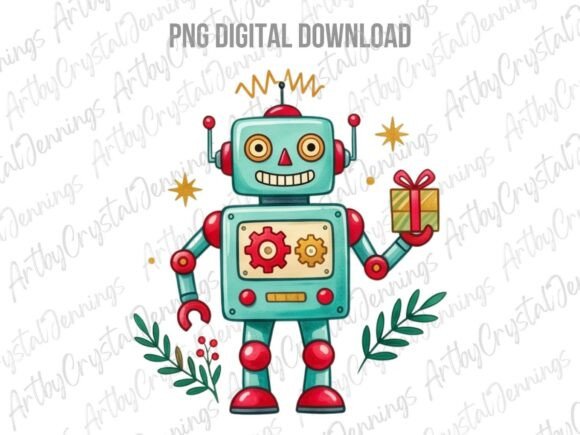 Retro Christmas Holiday Robot PNG Review for Embroidery Projects