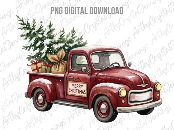 Retro Watercolor Red Christmas Truck PNG: A Nostalgic Graphic Design Asset
