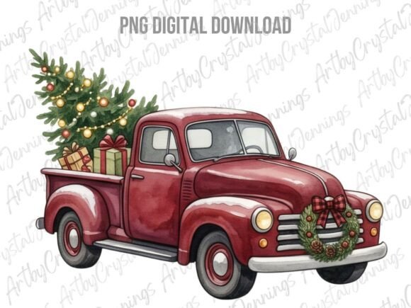 Vintage Christmas Red Truck PNG Illustrations