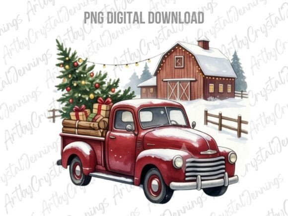 Vintage Red Truck Christmas PNG for Illustrations