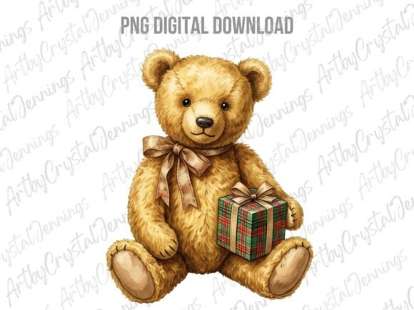 Vintage Style Christmas Teddy Bear PNG for Illustrations