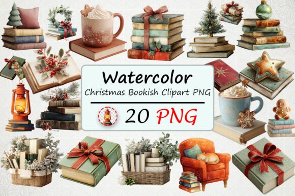 Watercolor Christmas Bookish Clipart PNG: A Festive Illustration for Crafters