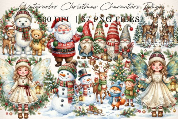 Watercolor Christmas Characters PNG for Editorial and Web Design