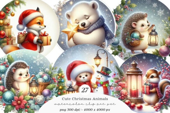 Watercolor Cute Christmas Animals Clipart Illustrations Review