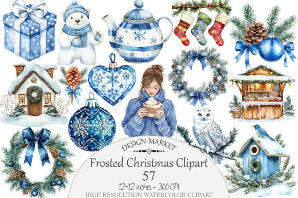 Watercolor Frosted Christmas Clipart for Illustrations