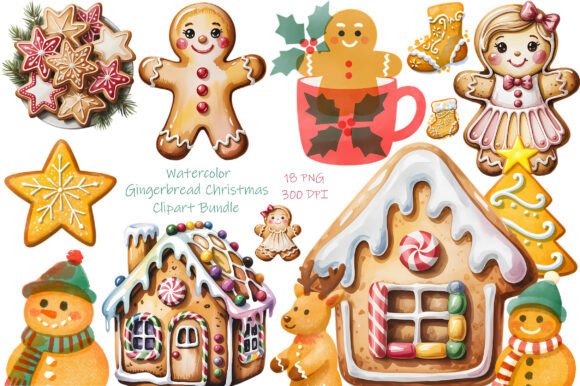 Watercolor Gingerbread Christmas Clipart for Marketing & Branding