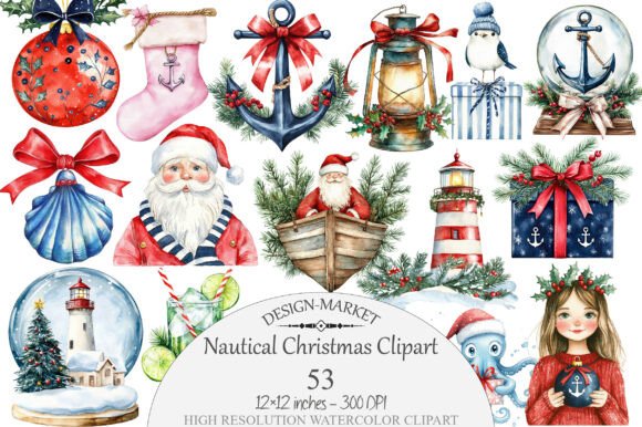 Watercolor Nautical Christmas Clipart for Illustrations
