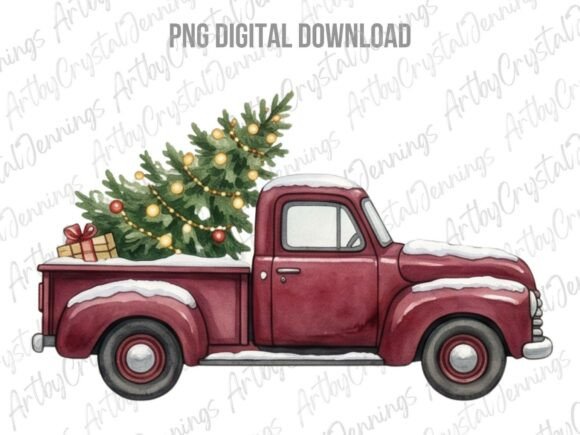 Watercolor Red Christmas Truck PNG for Holiday Illustrations