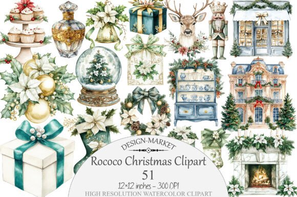 Watercolor Rococo Christmas Clipart: A Versatile Illustration for Seasonal Branding