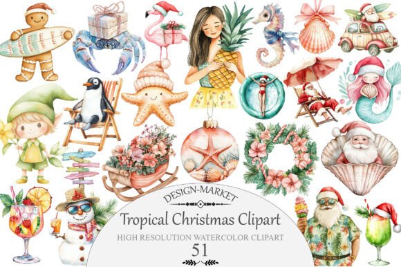 Watercolor Tropical Christmas Clipart