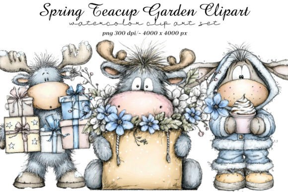 Whimsical Blue Christmas Reindeer Clipar in Illustrations