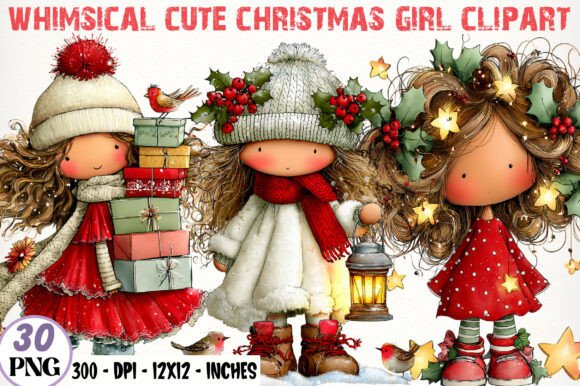 Whimsical Cute Christmas Girl Clipart