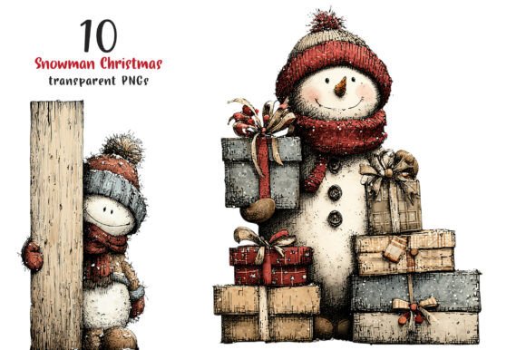Whimsical Peeking Snowman Christmas PNG Illustrations