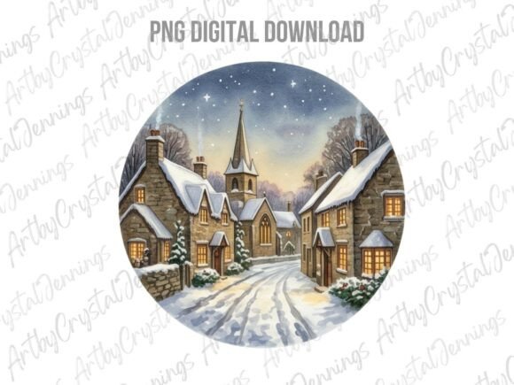Winter Christmas Village Watercolor PNG for Illustrations and Digital Products